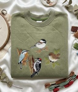 Embroidered Forest Birds Sweatshirt, Woodpecker Chickadee Nuthatch Crewneck, Bird Lover Gift, Nature Wildlife Shirt