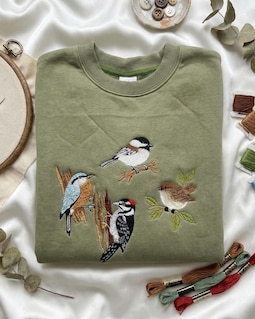 Embroidered Forest Birds Sweatshirt, Woodpecker Chickadee Nuthatch Crewneck, Bird Lover Gift, Nature Wildlife Shirt