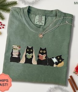 Black Cats Reading Shirt, Book Lover Cat Sweatshirt, Cozy Reader Gift For Her