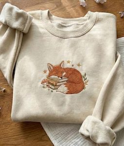 Embroidered Sleeping Fox Sweatshirt, Cottagecore Book Hoodie, Starry Night Crewneck, Forest Animal Gift