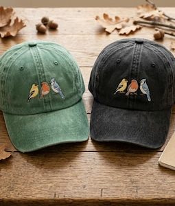Embroidered Bird Baseball Cap, Washed Cotton Nature Lover Hat