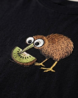 Kiwi Bird Eating Kiwi Embroidered T-Shirt: New Zealand Wildlife Tee