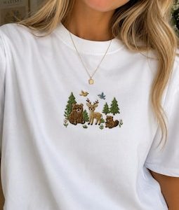 Forest Embroidered T Shirt, Cottagecore Nature Tee, Woodland Animal Embroidery Shirt, Outdoorsy Graphic Tee, Cute Wildlife Shirt