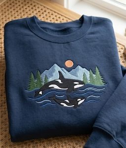 Embroidered Two Orcas Sweatshirt, Killer Whale Marine Lover Jumper, Pacific Northwest Mountain Wildlife Hoodie
