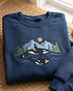 Embroidered Two Orcas Sweatshirt, Killer Whale Marine Lover Jumper, Pacific Northwest Mountain Wildlife Hoodie