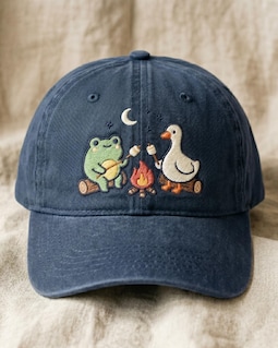 Embroidered Frog and Goose Campfire Baseball Cap, Cottagecore Camping Dad Hat, Cozy Forest Animal Gift Hat, Funny Nature Lover Hat