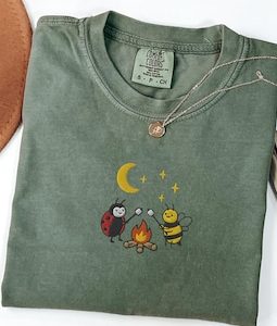 Bee & Ladybug Campfire Shirt | Embroidered Comfort Colors Tee | Cottagecore Gift
