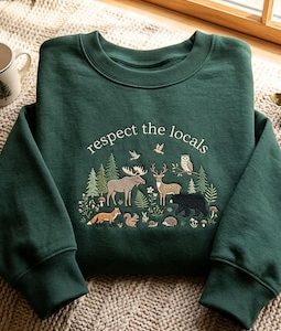 Embroidered Forest Animals Sweatshirt, Respect Locals Nature Graphic Top