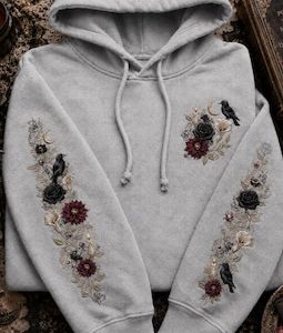 Flying Floral Raven Embroidered Shirt, Floral Gothic Embroidery Sweatshirt, Raven Crow Hoodie, Horror Lover Gift, Halloween Quotes Hoodie