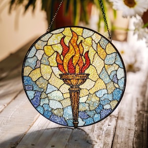 Stained Glass Flame Suncatcher Torch Decor Gift for Home or Office