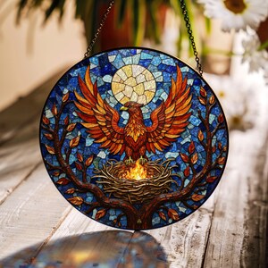Phoenix rising with flames stained glass window hanging suncatcher rebirth gift for loved one