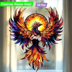 Phoenix Flame Faux  Stained Glass Acrylic  Suncatcher - Fiery Round Window Hanging - Rebirth Symbol Gift for Spiritual Souls