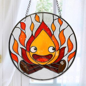 Calcifer Stained Glass Suncatcher, Fire Spirit Window Hanging, Smiling Flame Glass Decor, Fantasy Campfire Ornament Gift
