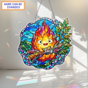 Personalized Cute Fire Spirit Suncatcher, Fantasy Anime Inspired Stained Glass Style Window Hanging, Room Decor Gift for Animation Fans