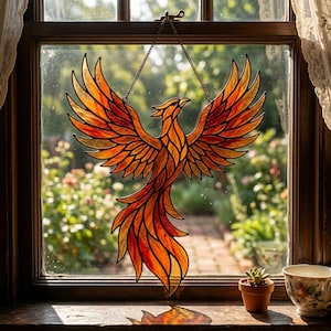 Phoenix Stained Glass Suncatcher, Firebird Window Hanging, Mythical Bird Decor, Fantasy Gift, Rebirth Symbol