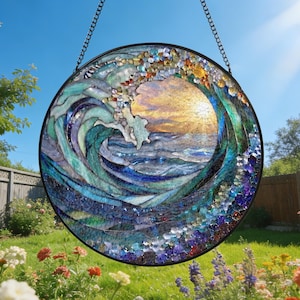 Ocean Wave Stained Glass Suncatcher Beach House Window Hanging Beach Coastal Decor Ocean Lover Gift Idea S10