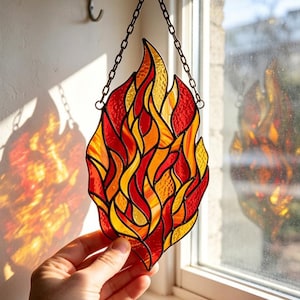 Handmade Flame Stained Glass Suncatcher, Fire Window Hanging, Boho Wall Decor