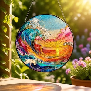 Ocean Wave Stained Glass Suncatcher, Ocean Suncatcher Beach Coastal Glass Wall Art Window Hanging Wedding Gift