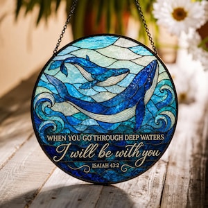 Personalized Whale Glass Suncatcher Round - Isaiah 43:2 Ocean Window Hanging, Christian Gift